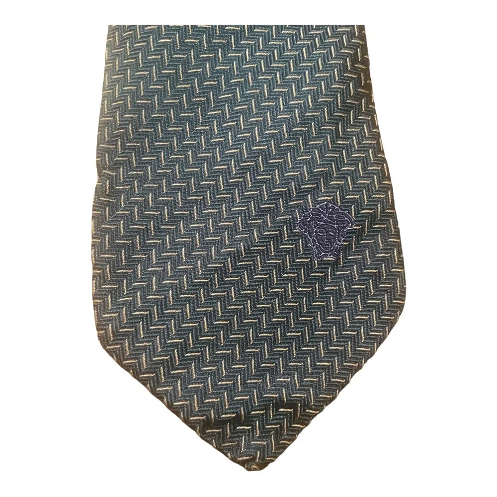 Versace Silk Tie Blue and Yellow with Medusa Versace Logo EUC